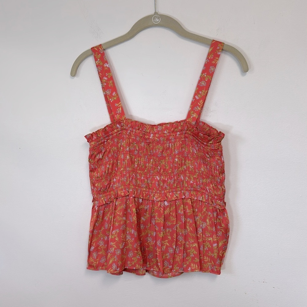 J. Crew Smocked Featherweight Satin Women’s Size L Coral Meadow Floral Tank Top - Picture 6 of 13
